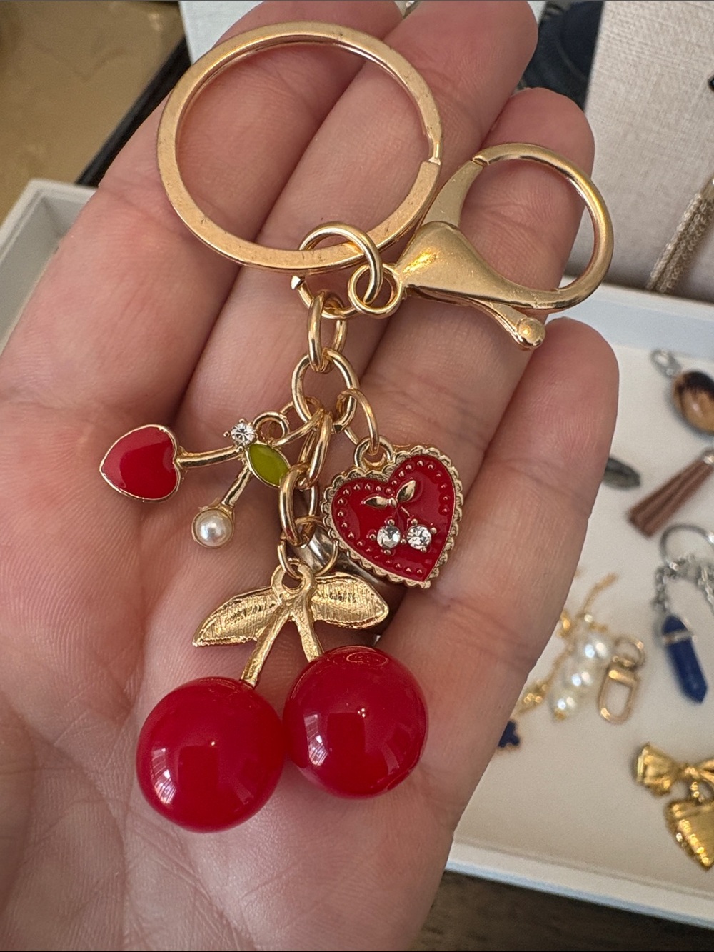 Gold Tone Cherry & Heart Keychain with Red Enamel Charms